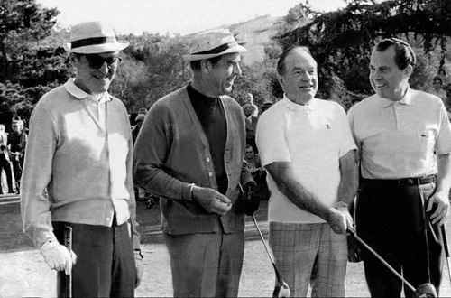 Jimmy Stewart, Fred MacMurray, Bob Hope and President Richard Nixon playing golf at Lakeside