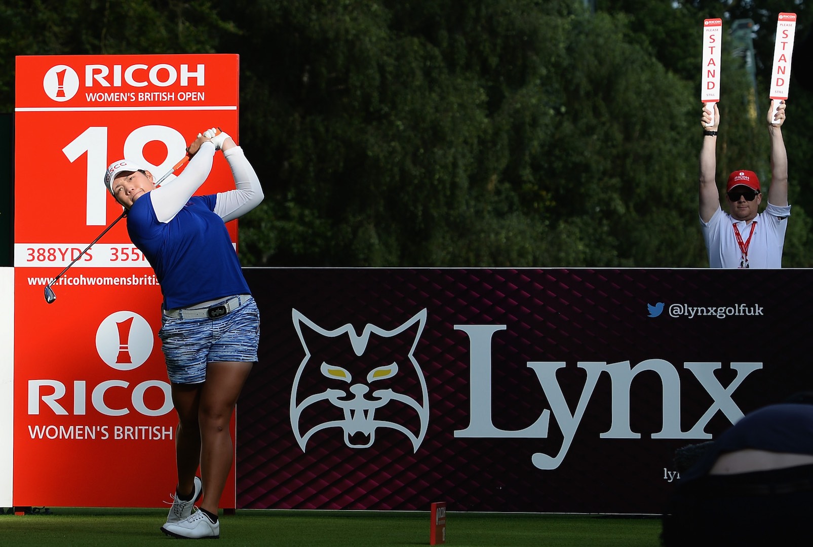 WOBURN, ENGLAND - JULY 30: Ariya Jutanugarn of Thailand plays her first shot on the18th tee during the Ricoh Women's British Open - Day Three at Woburn Golf Club on July 30, 2016 in Woburn, England. (Photo by Tony Marshall/Getty Images)
