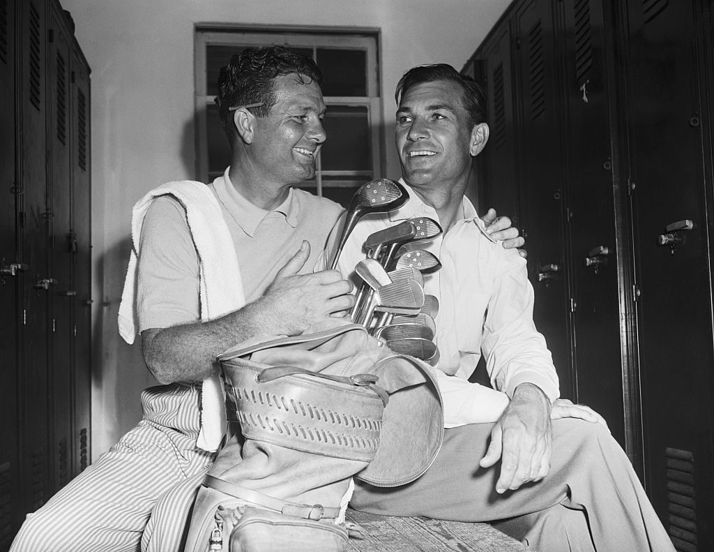 Jimmy Demaret (left) and Ben Hogan, after their victory at the 1946 Miami Four-Ball Tournament, in the locker room at the Miami Springs Country Club.